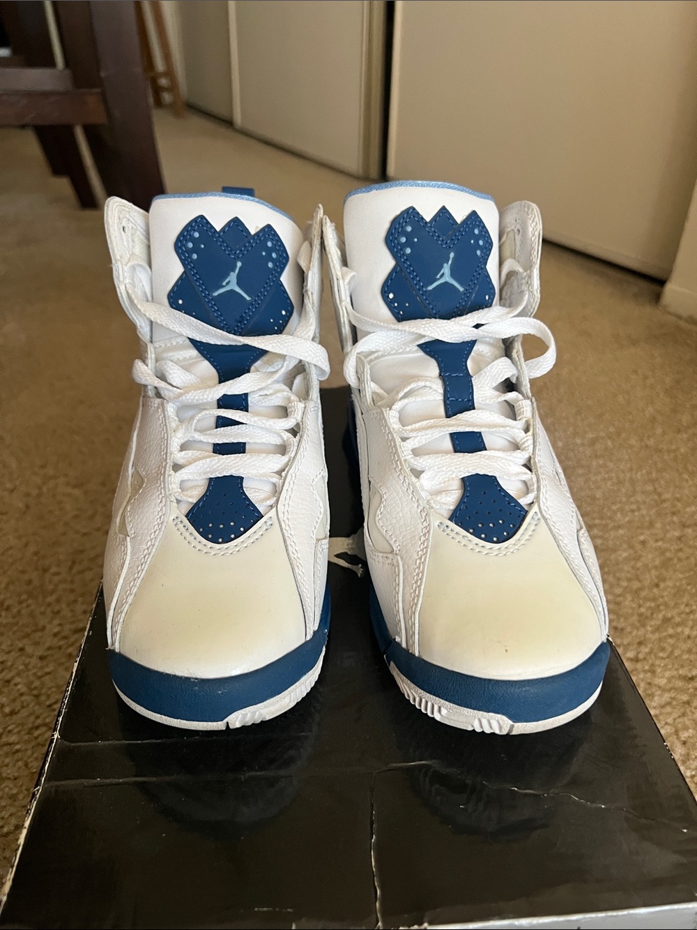 Jordan Kids' White and Blue High-Top Basketball Sneakers - Picture 2 of 4